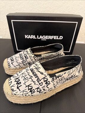 Karl Lagerfeld Black & White Script Espadrille Platform Slip-Ons